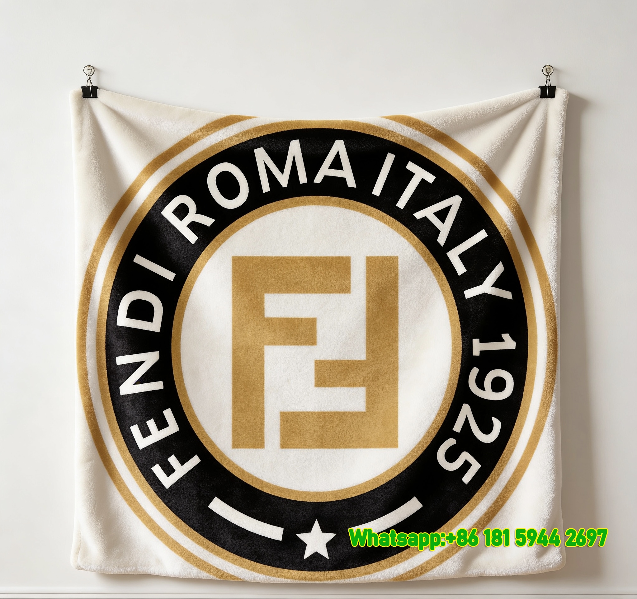 Gold Black & White Fendi Roma Italy 1925 Emblem Flannel Throw Blanket IMG_9275
